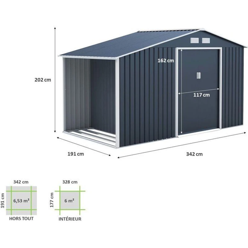 Abri de jardin en métal et abri bûches 6,53 m² - 342 x 191 x 202 cm - SOLIS - Kit d'ancrage inclus, 2 portes coulissantes - Gris
