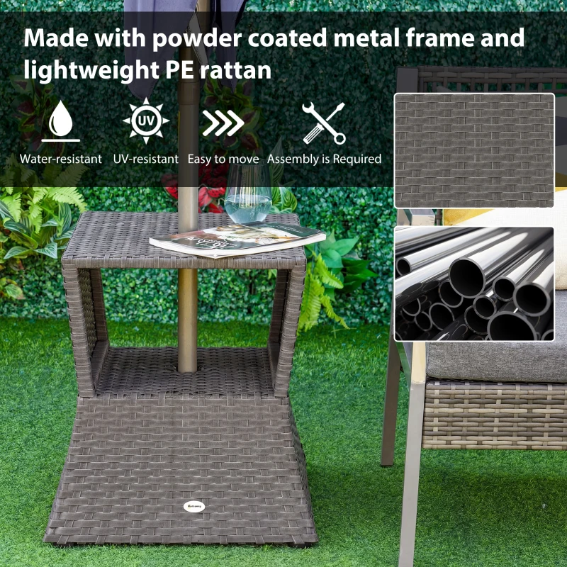 Outsunny Rattan Outdoor Coffee Table, Wicker Garden Patio Bistro Side Table with Umbrella Hole and Storage Space, Dark Grey