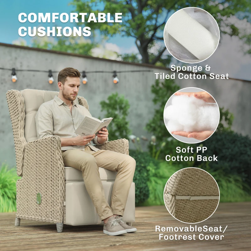 Outsunny Rattan Garden Recliner Chair, Reclining Garden Chair with Adjustable Back and Footrest, Flip Table, Cushion, Brown