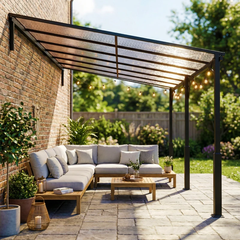 Outsunny 4 x 3 m Metal Lean-to Pergola, Wall-Mounted Garden Pergola with Polycarbonate Roof and Metal-Aluminium Frame, Heavy Duty Hardtop Gazebo for Outdoor Patios, BBQ, Brown