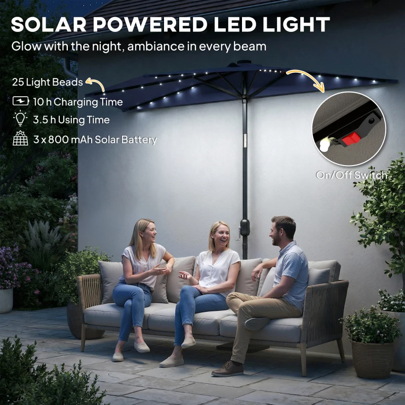 Outsunny 2.6 m Half Garden Parasol with Solar LED Lights, UPF50+ Semi Round Umbrella with 30° Tilt, Crank Handle, Dark Blue