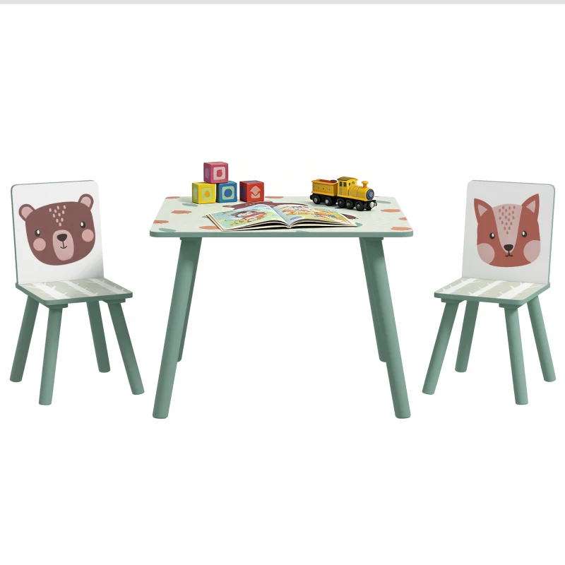 ZONEKIZ Table et 2 chaises pour enfants 3-8 ans ensemble 3 pièces motif animaux pour chambre à coucher salle de jeux vert