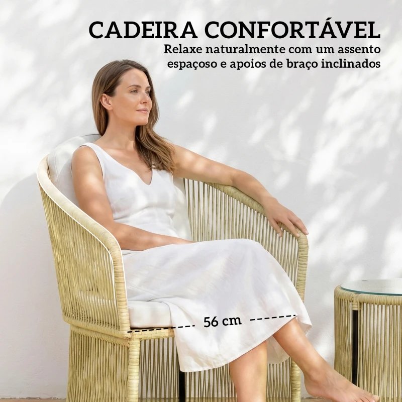 Outsunny Conjunto de Jardim Exterior em Resina Trançada 2 Pessoas Mesa de Jardim Exterior com 2 Cadeiras com Almofadas Creme