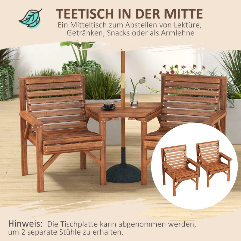 Outsunny Bistro-set 3-delig van hout, weerbestendig tuinmeubelset met lamellenontwerp en parasolgat Verkoold