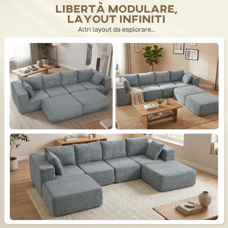 HOMCOM Divano Modulabile ad Angolo in Tessuto Effetto Velluto con Cuscini, 294x165x70 cm, Grigio Scuro