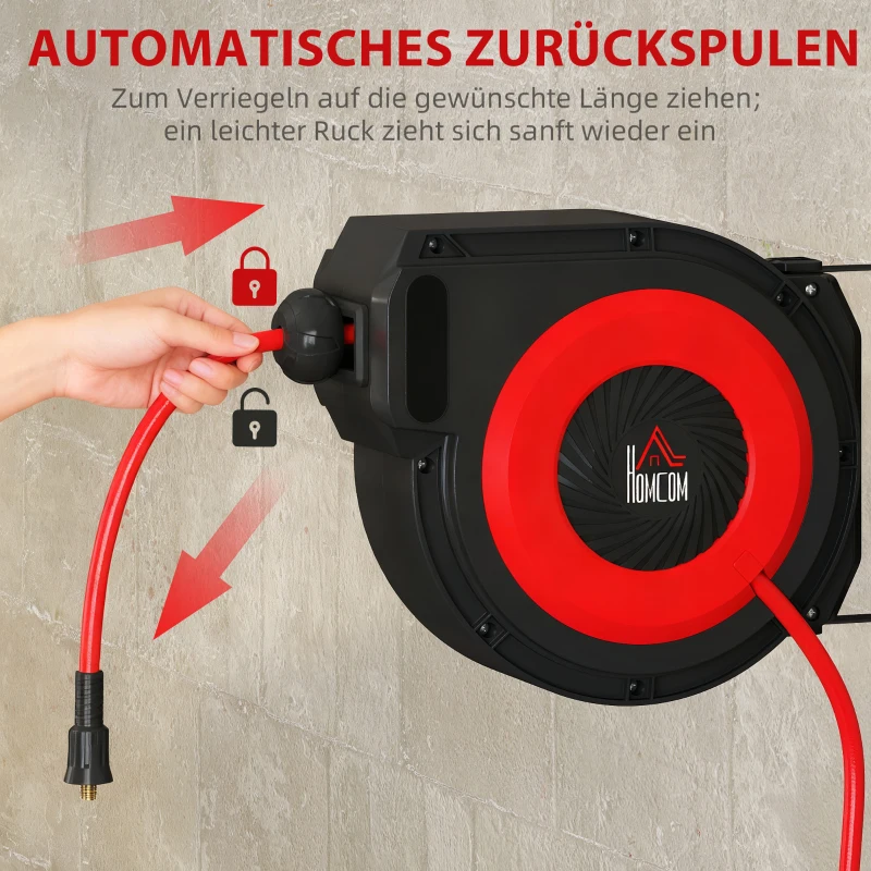 HOMCOM Schlauchtrommel mit Einzugs-Mechanismus, 16,5 m langer Schlauch, Wandmontage, Rot+Schwarz