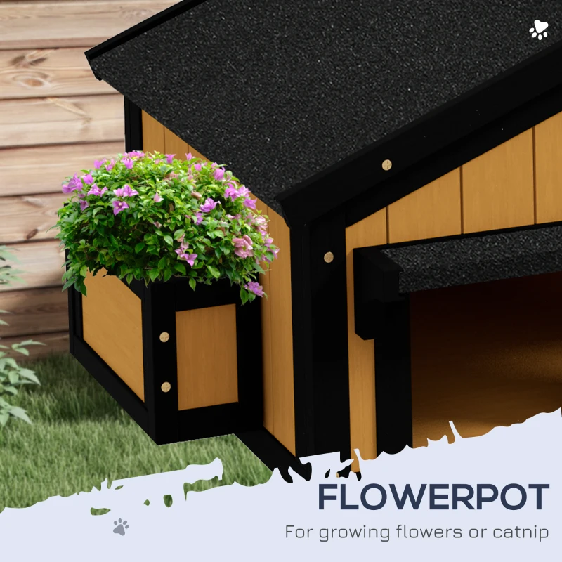 PawHut Dom dla kotów z drewna sosnowego, z wieloma wejściami, 2 poziomami, kocia jaskinia na zewnątrz, domek dla małych zwierząt z dachem asfaltowym, żółty, 96 x 65 x 85,5 cm