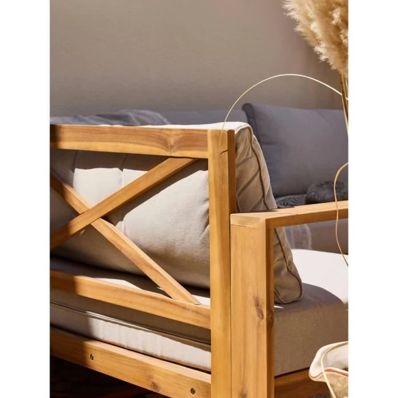 Salon de jardin d'angle modulable LEVATA XXL - Bois d'acacia FSC - 9 personnes - Gris de lin + Housse incluse