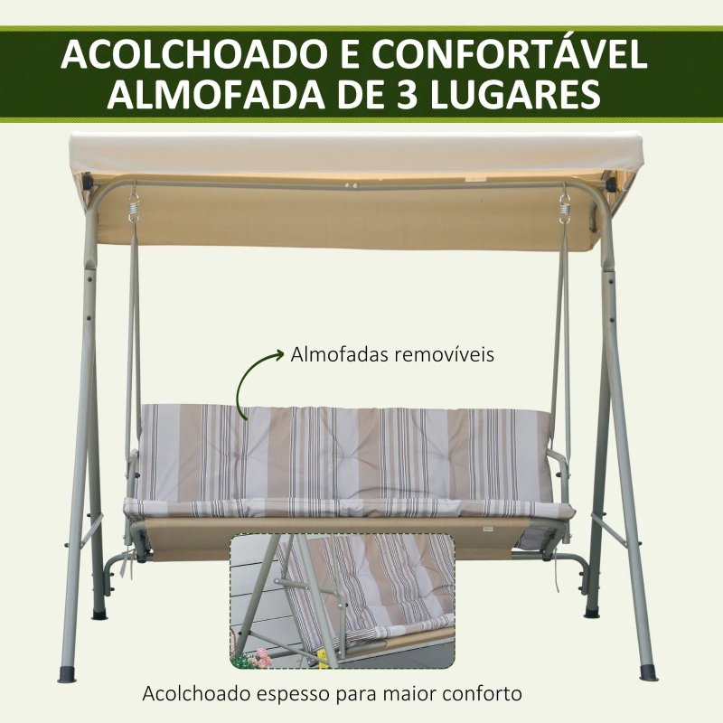 Outsunny Baloiço de Jardim Exterior de 3 Lugares com Toldo Ajustável e Estrutura em Aço 172x110x156 cm Castanho Claro