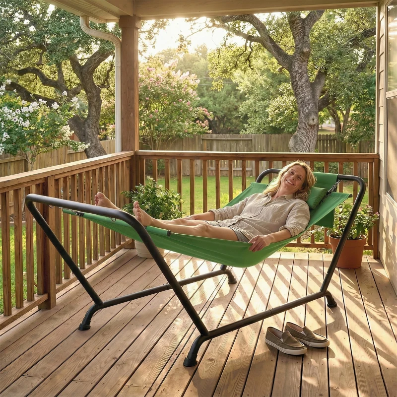 Outsunny Hamac de Exterior cu Suport, Hamac Autoportant cu Buzunar Lateral, Tetieră și Structură din Metal, Capacitate 150 kg pentru Grădină, Balcon, Terasă, 237 x 90 x 92 cm, Verde Întunecat