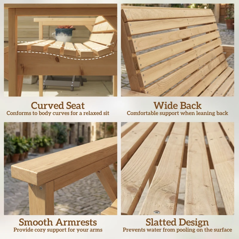 Outsunny 2 Seater Wooden Garden Bench, Slatted Patio Bench with Armrest and Backrest, Outdoor Furniture for Indoor, Balcony