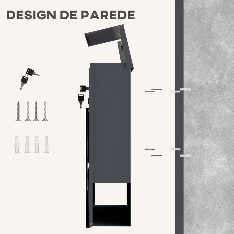 HOMCOM Caixa de Correio Exterior de Aço Inoxidável 13 L Caixa de Correio de Parede com Fechadura e 2 Chaves Suporte para Jornais Cinzento Escuro