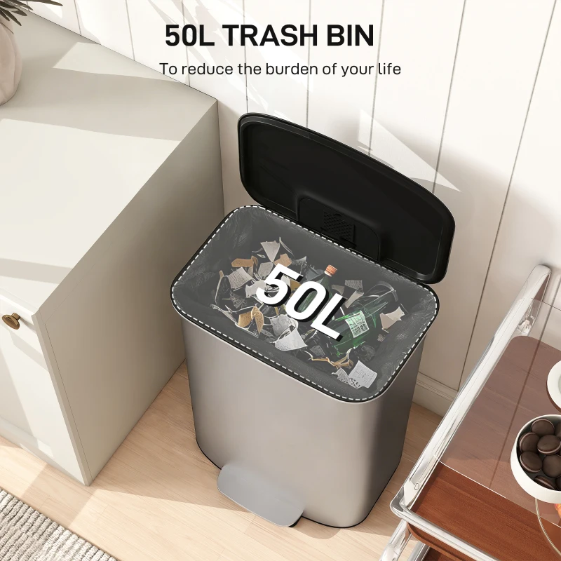 HOMCOM Pubelă de Bucătărie cu Pedală 50L, Capac cu Închidere Lentă, Deschidere la 90° și Recipient Detașabil, Oțel Inoxidabil, Gri