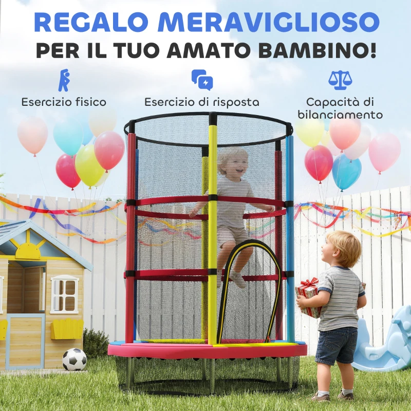HOMCOM Trampolino per Bambini 3-6 Anni con Rete di Sicurezza, Senza Molle, Ø160x190 cm, Multicolore