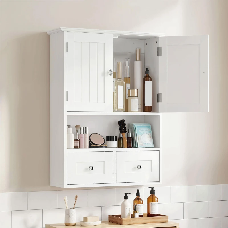 kleankin Armoire murale de salle de bain, armoire de toilette, avec portes, étagère, 2 tiroirs, 50,8l x 17,8P x 66H cm, blanc