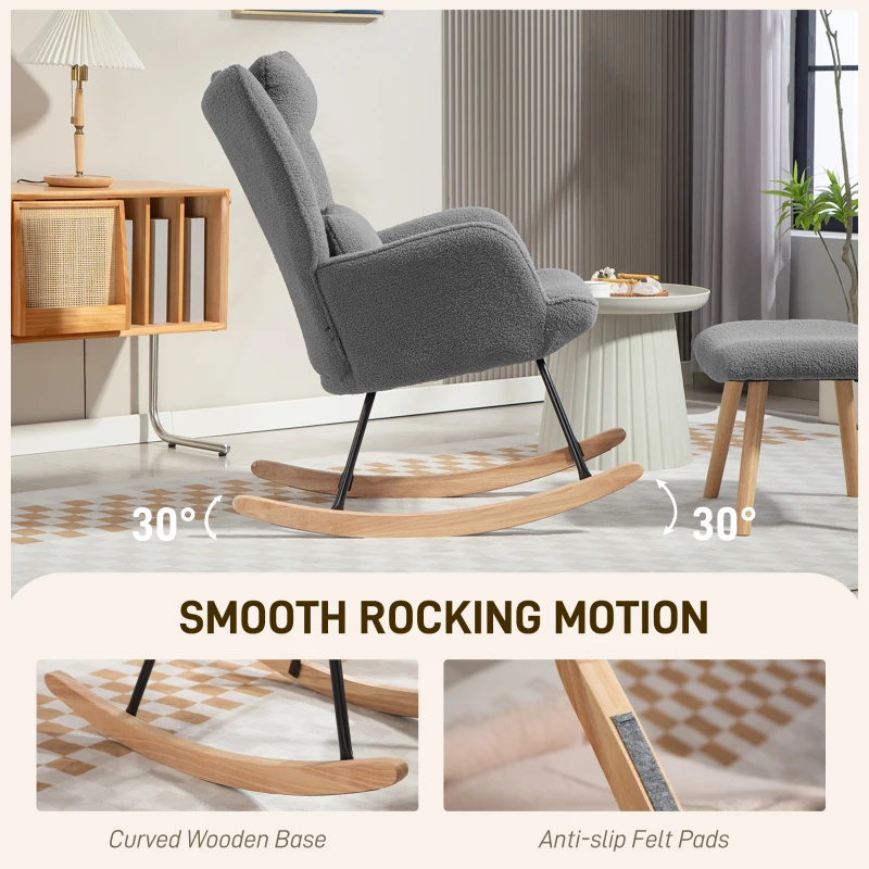 HOMCOM Rocking Chair with Footstool, Sherpa Fleece Armchair with Wooden Legs and Pillow, High Backrest Lounge Chair for Adults, Nursery, Living Room, Bedroom, Charcoal Grey