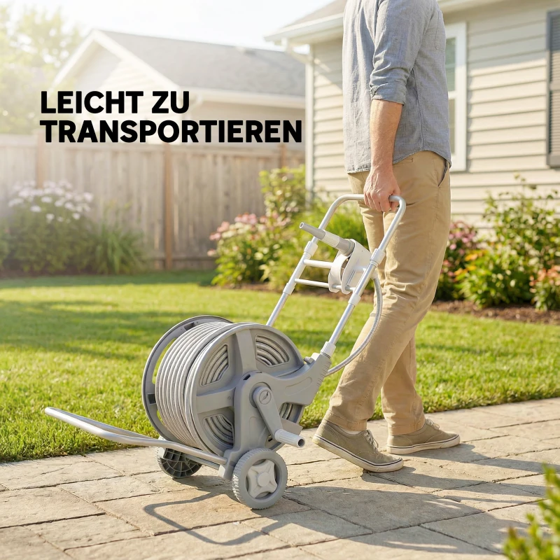 Outsunny Schlauchwagen 45 m Schlauchtrommel mit 2 Sprühmustern, Wasserhahnadapter Kurbel 2 Rädern 45 x 44 x 78 cm Grau