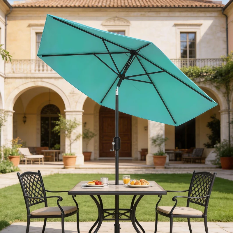 Outsunny 2.6 m Garden Parasol Umbrella with Aluminium Pole, Outdoor Patio Umbrella with Tilt and Crank, Vent, Turquoise