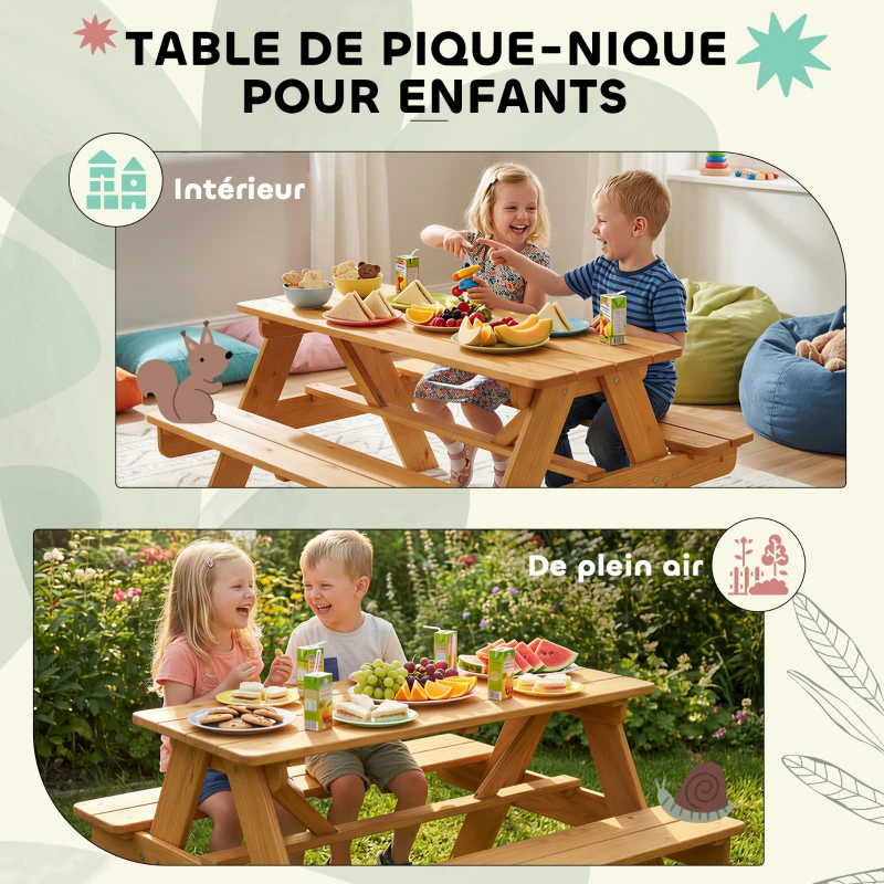 AIYAPLAY Ensemble salon de jardin extérieur enfant, table pique-nique enfant avec bancs, cadre en bois massif, bois naturel