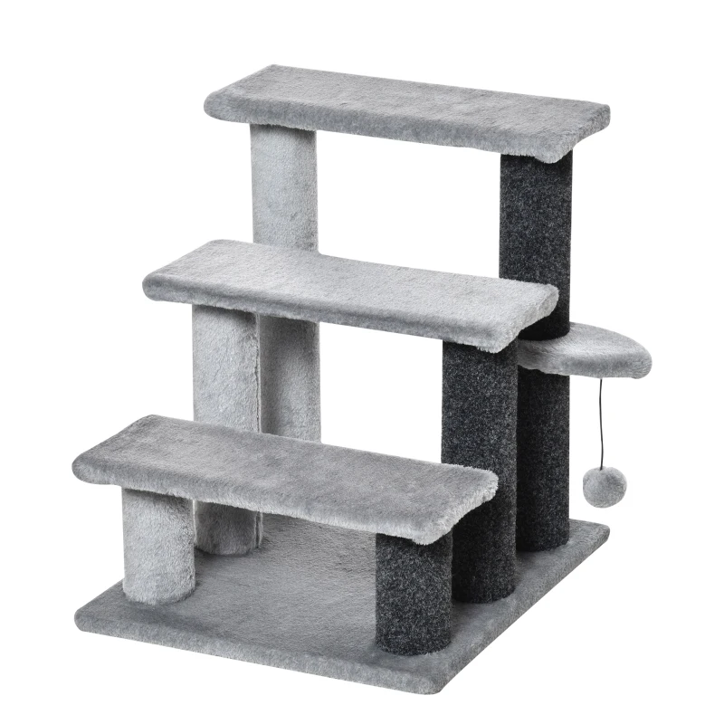 PawHut Escalera para Gatos con 3 Niveles Plataforma Poste Rascador y Bola Colgante de Juguete 40x40x48 cm Gris