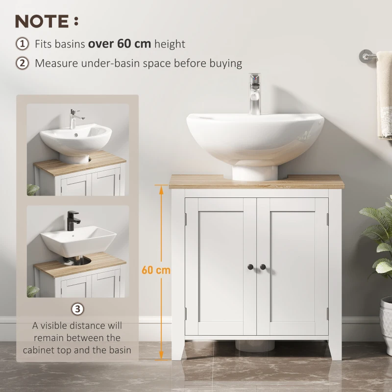 kleankin Dulap sub Chiuvetă Baie în formă de U cu Raft Reglabil la Interior, din MDF, 60x30x60 cm, Alb și Lemn Natur(m-5)