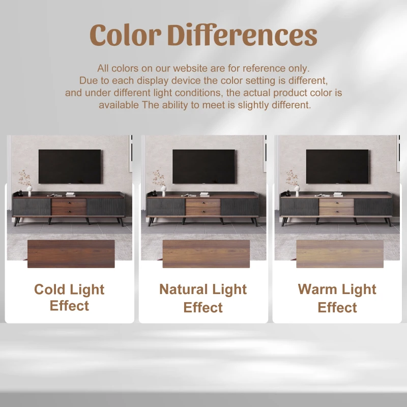 Modern TV Cabinet with 2 Centre Drawers and Striped Sliding Doors, Storage Stand with Raised Top Edge, 160L x 40W x 58H cm, Black+Wood