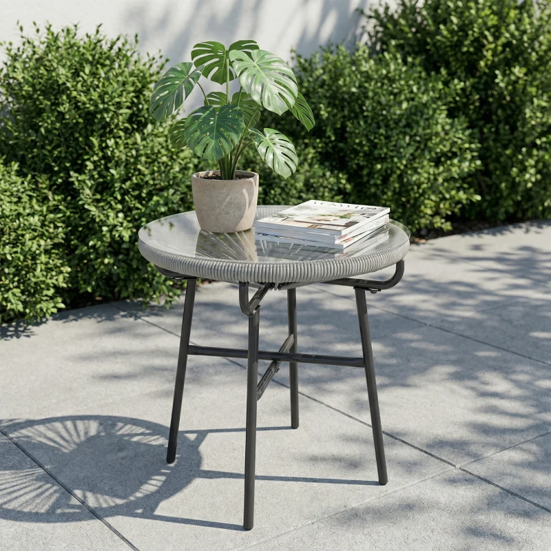 Outsunny Rattan Side Table, Round Outdoor Coffee Table, with Round PE Rattan and Tempered Glass Tabletop, Light Grey