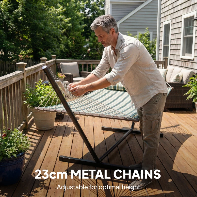 Outsunny Outdoor Hammock with Stand Detachable Pillow Striped Swing Steel Frame, for Garden, Patio, Green