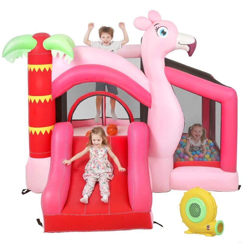 AIYAPLAY Castello Gonfiabile 4 in 1 con Scivolo e Trampolino, 255x230x196 cm, Rosa