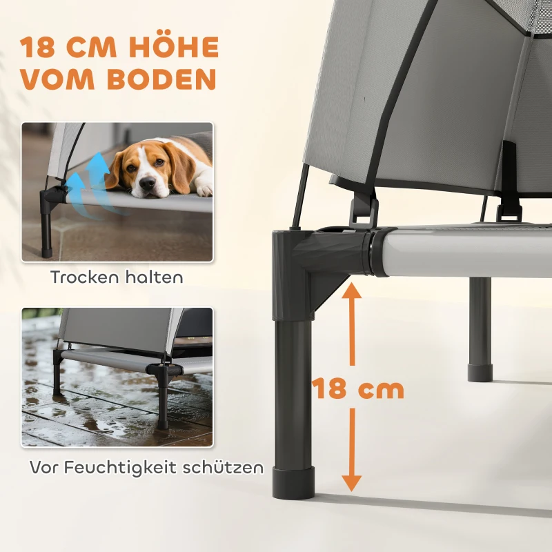 PawHut Hondenbed buiten met dak, verhoogd hondenbed voor middelgrote honden, met stalen frame, 76x61x70cm, lichtgrijs