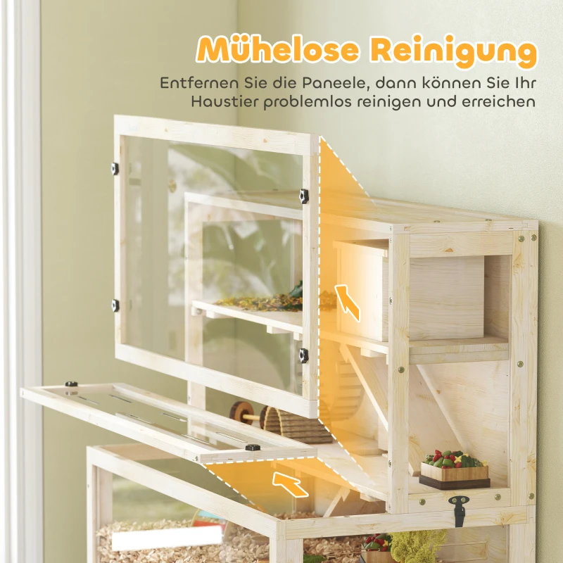 PawHut Hamsterkäfig, 3 Ebenen, Hütte, Zubehör, 100 x 50 x 84 cm, für mehrere Kleintiere, Holz, Kunststoff