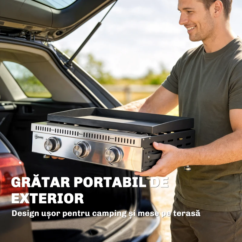 Grătar pe Gaz Outsunny, portabil de masă, cu tavă pentru grăsime, culoare neagră.