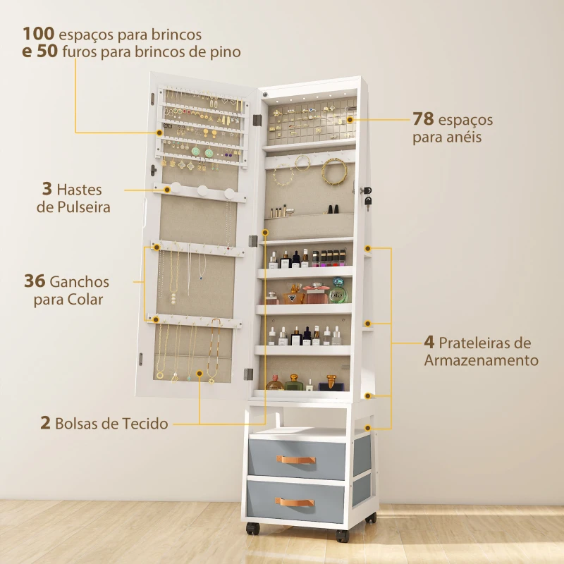 HOMCOM Espelho Armário de Jóias com Luzes LED Rodas Giratórias 360° Prateleiras Abertas Gavetas de Tecido Branco