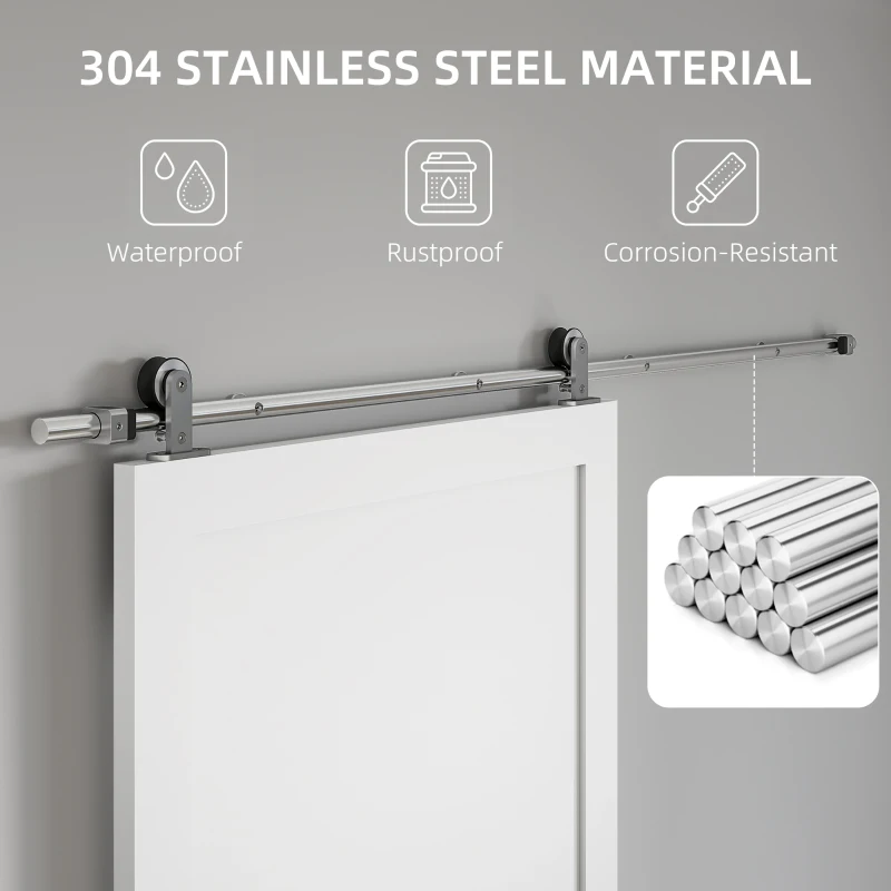 HOMCOM Sliding Door Hardware Kit Smooth Quiet 304 Stainless Steel for 182cm Track Sliver Tone