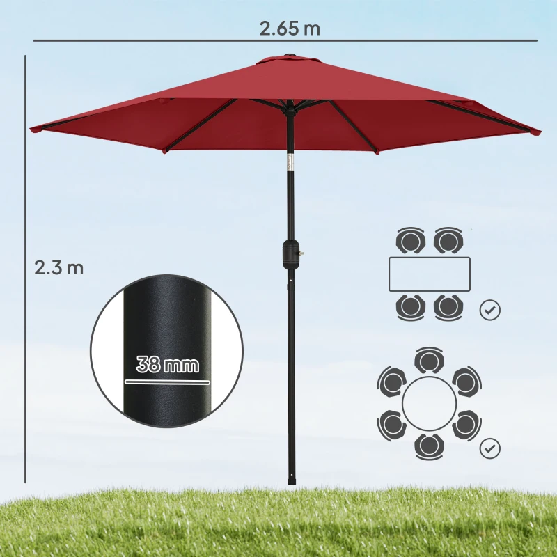 Outsunny 2.6 m Garden Parasol Umbrella with Aluminium Pole, Outdoor Patio Umbrella with Tilt and Crank, Vent, Wine Red