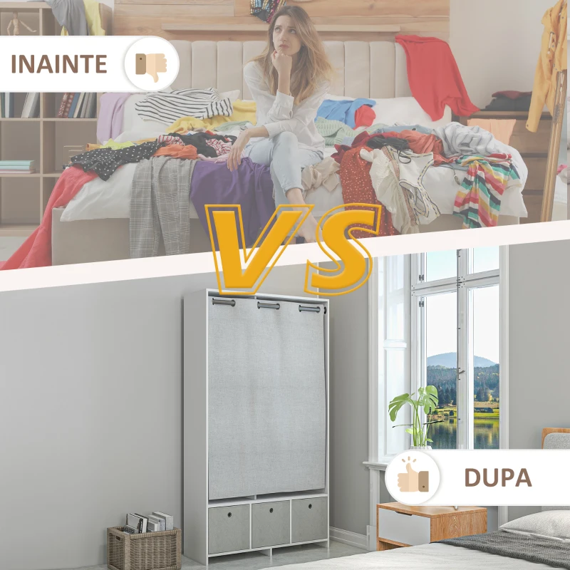 HOMCOM Dulap Modern cu Bară pentru Umerașe, 3 Sertare din Material Textil și 3 Rafturi, 105x48x160 cm, Alb și Gri
