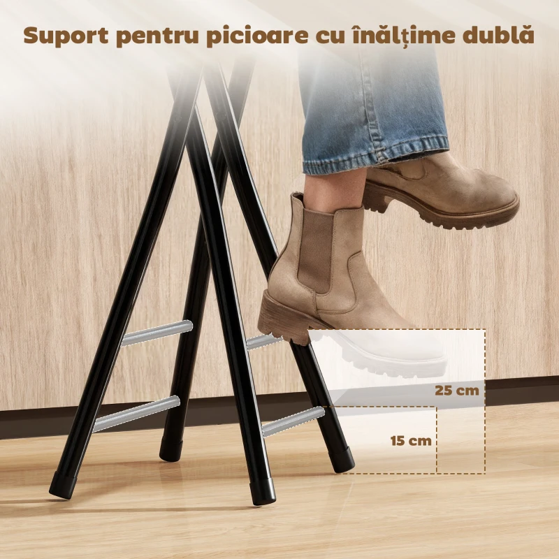 HOMCOM Set 2 Scaune de Bar Pliabile cu Suport Dublu pentru Picioare, din Lemn și Oțel, 34x30x70 cm, Negru