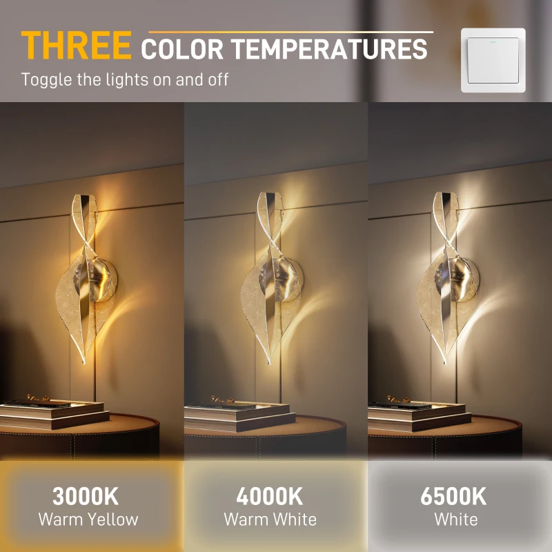 HOMCOM Led Wall Lamp 2 Pack, 13W Modern Indoor Spiral Wall Light, Colour Temperature Adjustable 3000K/4000K/6500K, for Bedroom, Living Room, Hallway, Stairs, Silver Tone