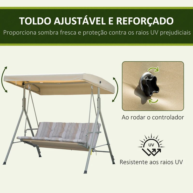 Outsunny Baloiço de Jardim Exterior de 3 Lugares com Toldo Ajustável e Estrutura em Aço 172x110x156 cm Castanho Claro