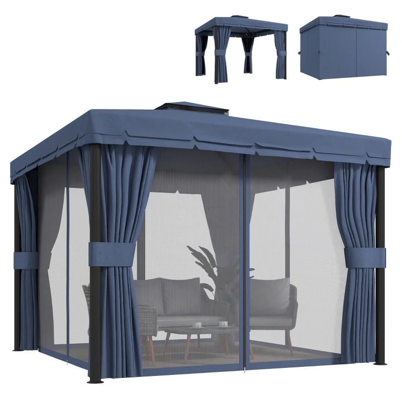 Outsunny 3 x 3(m) Patio Gazebo Canopy Garden Pavilion Tent Shelter Marquee with 2 Tier Roof, Netting and Curtains, Dark Blue