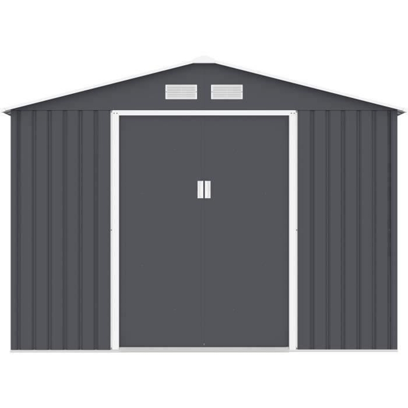 Abri de jardin en métal 8,84 m² - 277 x 319 x 202 cm - URANUS - Kit d'ancrage inclus, 2 portes coulissantes - Gris