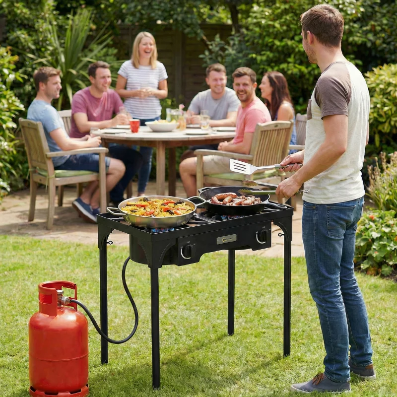 Outsunny Double Burner Camping Stove, 150,000 BTU High Pressure Camping Gas Stove with Detachable Legs, Black