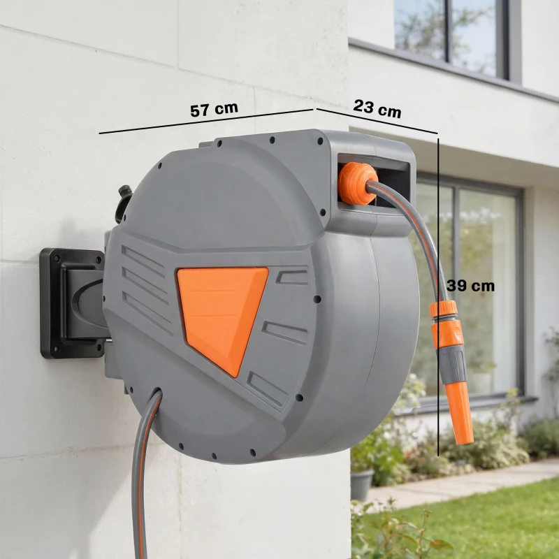 Outsunny Retractable Hose Reel Wall Mounted, 30+2m Garden Hose Pipe Reel with Auto Retraction, Self-Locking, Orange
