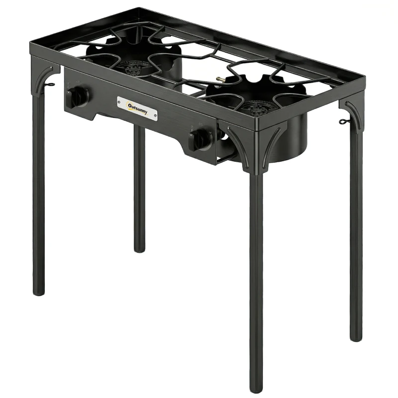 Outsunny Double Burner Camping Stove, 150,000 BTU High Pressure Camping Gas Stove with Detachable Legs, Black