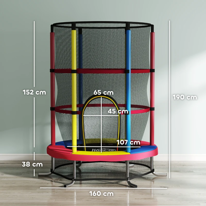 HOMCOM Trampolino per Bambini 3-6 Anni con Rete di Sicurezza, Senza Molle, Ø160x190 cm, Multicolore