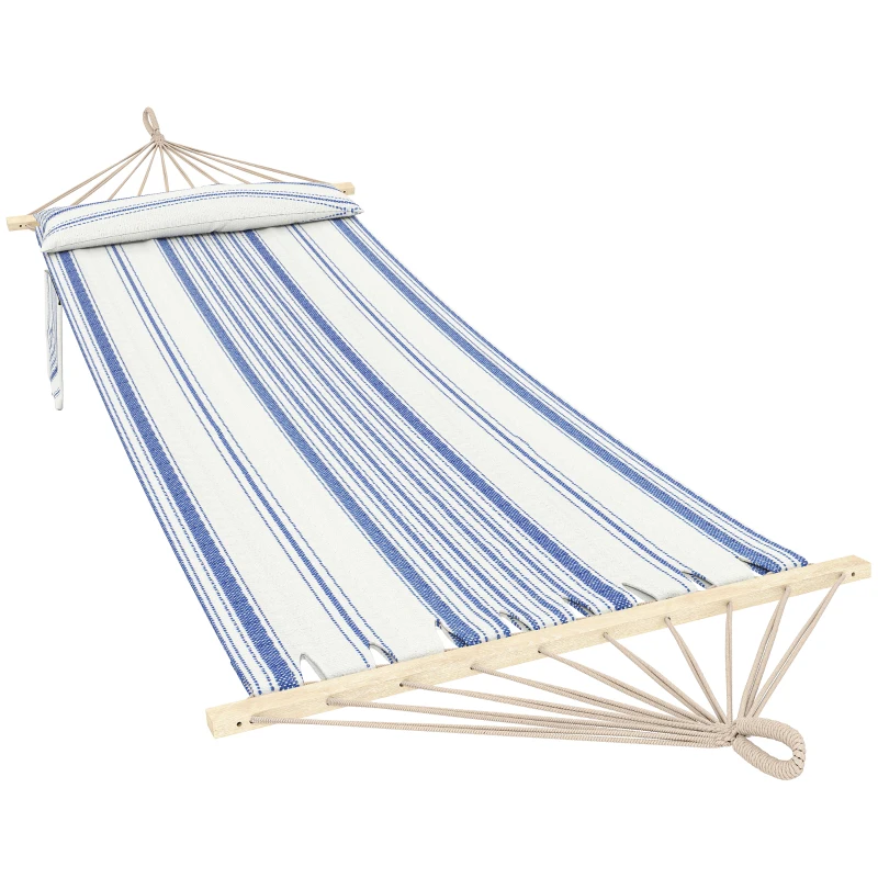 Outsunny Cotton Hammock, Soft Portable Swing Sleeping w/ Headrest & Side Pocket, Blue and White