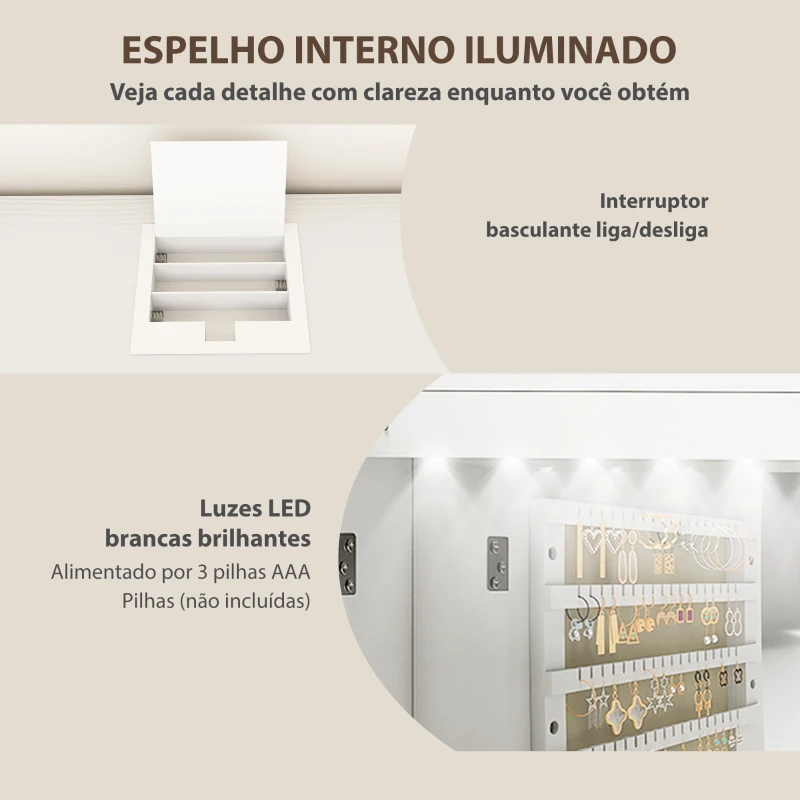 HOMCOM Espelho para Joias com Luz LED Montado na Parede ou na Porta com Fechadura Espelho de Corpo Inteiro 2 Gavetas Branco