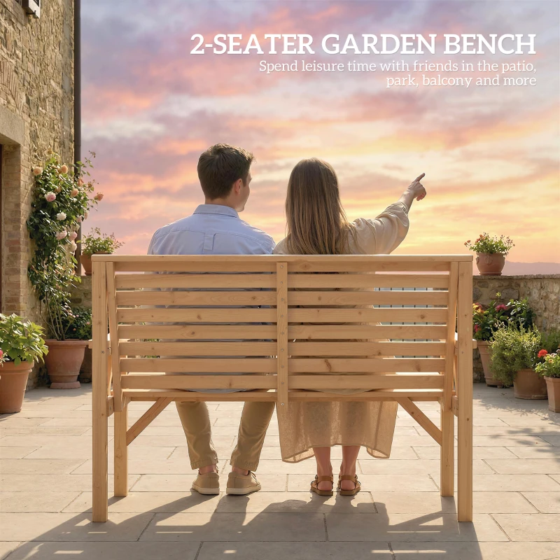 Outsunny 2 Seater Wooden Garden Bench, Slatted Patio Bench with Armrest and Backrest, Outdoor Furniture for Indoor, Balcony