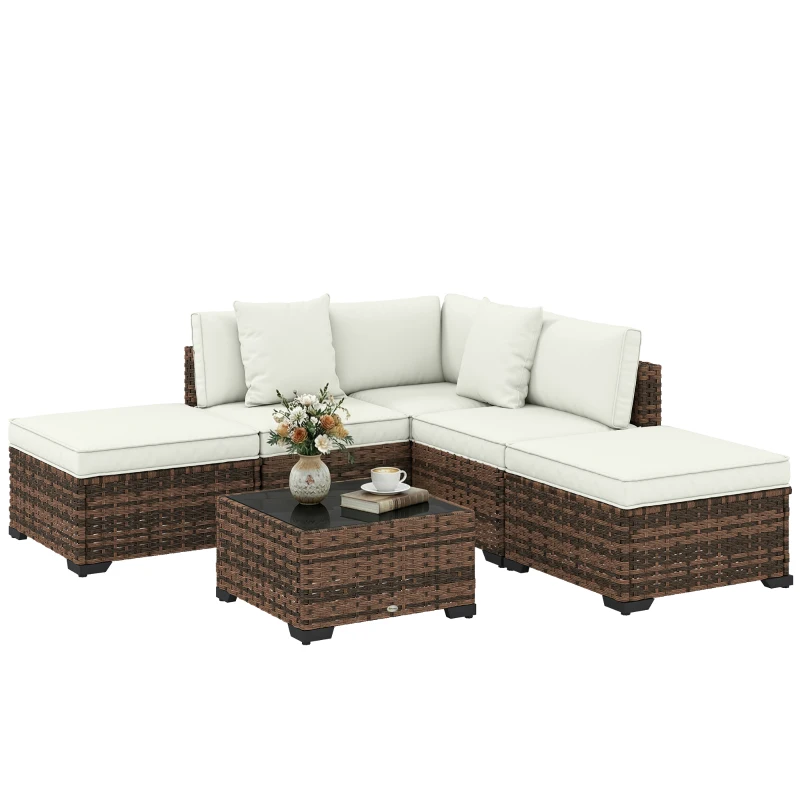 Outsunny Conjunto de Jardim Exterior em Rattan de 6 Peças com Cadeira de Canto, 2 Cadeiras sem Braços, Apoio para Pés e Mesa Castanha