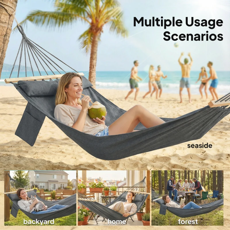 Outsunny Cotton Hammock, Soft Portable Swing Sleeping w/ Headrest & Side Pocket, Dark Grey